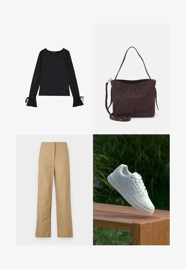 Čierny top s pevným telom a priesvitnými, rozšírenými rukávmi. Obsahuje viazacie akcenty na manžetách. Vyrobený z hladkej tkaniny s priliehavým strihom.; Bežové nohavice rovného strihu s plochým predným dielom, bočnými vreckami a hladkým, ľahkým materiálom. Žiadne viditeľné vzory ani kovové detaily.; Biele tenisky s hladkým syntetickým zvrškom, perforovanou špičkou, plochými šnúrkami a textúrovanou podrážkou, vystavené na drevenej ploche.; Hnedá semišová taška s mäkkou textúrou, vybavená jedným ramenným popruhom a jemne zakriveným horným otvorom. Bez viditeľných hardvérových detailov.