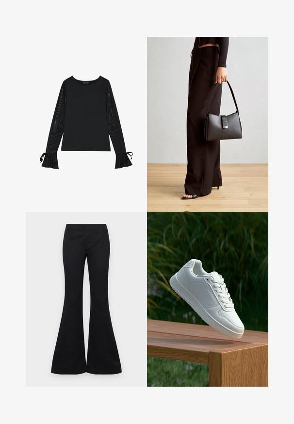 Crna majica s čvrstim tijelom i prozirnim, širijim rukavima. Ima vezanje na manžetama. Izrađena je od glatkog materijala s krojem koji naglašava tijelo.; Crne široke hlače od glatkog materijala, s uskim gornjim dijelom i širokim nogavicama, bez vidljivih ukrasa ili džepova.; Bijela tenisica sa glatkim sintetičkim gornjim dijelom, perforiranim prednjim dijelom, ravnim vezicama i teksturiranom potplatom, prikazana na drvenoj površini.; Crna torba s oblikom koji sadrži strukturu, glađu teksturu i metalnu kopču. Uparena s širokim crnim hlačama i sandalama na otvorenom s drvenog poda.