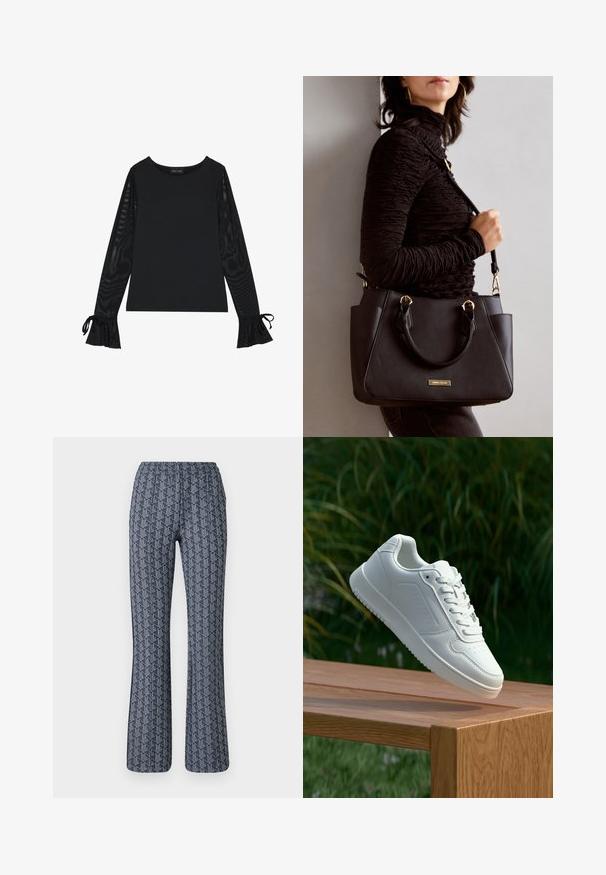 Czarna bluzka z gładkim korpusem i przezroczystymi, rozszerzanymi rękawami. Posiada wiązania na mankietach. Wykonana z gładkiego materiału o dopasowanym kroju.; Niebieskie spodnie w geometryczny wzór z elastycznym pasem. Posiadają jaśniejszy niebieski wzór na ciemnoniebieskim tle. Prosty przód.; Biały sneaker z gładką syntetyczną cholewą, perforowanym noskiem, płaskimi sznurowadłami i teksturowaną podeszwą, wyeksponowany na drewnianej powierzchni.; Czarna torebka z teksturowanej powierzchni, podwójnymi uchwytami na górze i regulowanym paskiem na ramię. Posiada złote okucia i boczne kieszenie.