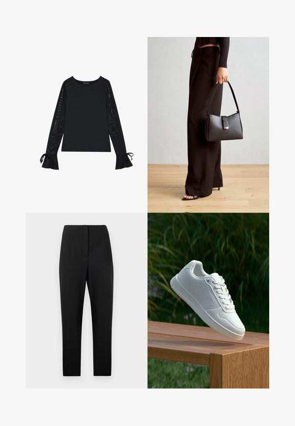 Top nero con corpo solido e maniche a campana trasparenti. Presenta dettagli a nodo ai polsini. Realizzato in tessuto morbido con un design aderente.; Pantaloni neri su misura con una texture liscia, gambe affusolate, pieghe frontali e una chiusura frontale nascosta. Nessuna tasca visibile.; Sneaker bianco con tomaia in sintetico liscio, punta perforata, lacci piatti e suola testurizzata, esposto su una superficie di legno.; Borsa nera con forma strutturata, texture liscia e una chiusura metallica. Abbinata a pantaloni neri larghi e sandali open-toe su un pavimento in legno.