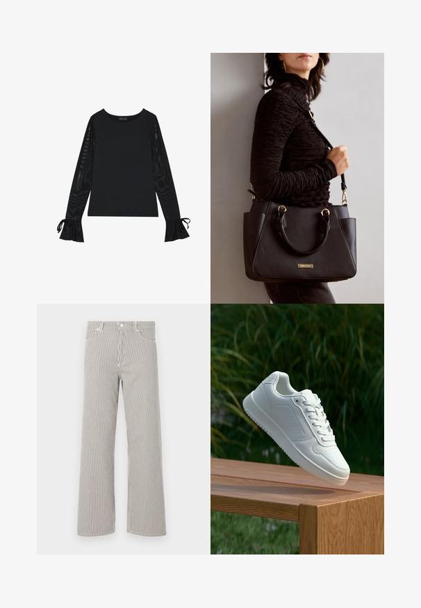 Must mustriga kinnise kehaga ja läbipaistvate, laia varrukatega. Omab nööride aktsente varrukate otsas. Valmistatud siledast kangast, millel on kinnine lõige.; Ribade laiad püksid kergest kangast. Omavad vertikaalseid musta ja valge triipe, elastset vöökohta ning viit taskut.; Valged sneakerd, millel on sile sünteetiline ülemine osa, väikeste aukudega varvaskast, lamedad paelad ja tekstuuriga tald, eksponeeritud puidust pinnal.; Musthave must kott, millel on tekstuurne pind, kaks ülemist käepidet ja reguleeritav õlarihm. Omab kuldse tooni riistu ja külgtaskuid.