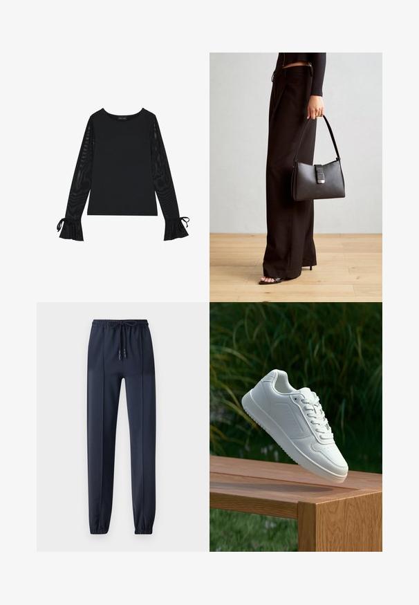 Black top with solid body and sheer, flared sleeves. Features tie accents at the cuffs. Made from smooth fabric with a fitted design.; Navy blue jogger pants made of a smooth, lightweight material; features an elastic waistband with a drawstring and tapered ankles.; White sneaker with a smooth synthetic upper, perforated toe box, flat laces, and a textured sole, displayed on a wooden surface.; Black handbag with structured shape, smooth texture, and a metallic clasp. Paired with wide black pants and open-toe sandals on wooden floor.