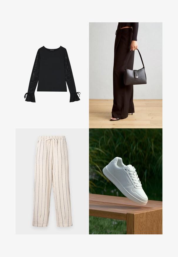 Juodas marškinėlis su tvirtu kūnu ir permatomomis, plačiomis rankovėmis. Yra kaklo juostos akcentai ant rankogalių. Pagamintas iš lygaus audinio su pritaikytu dizainu.; Bežinės lino mišinio kelnės su tamsiai mėlynomis vertikaliomis juostelėmis, elastinga juosmena ir reguliuojama raišteliu. Plataus kojų kirpimo ir lengvos tekstūros.; Balti sneakeriai su lygia sintetine viršutine dalimi, perforuota pirštų zona, plokščiomis raištelėmis ir tekstūruotu padu, padėti ant medinės paviršiaus.; Juodas rankinė struktūrizuota forma, lygi tekstūra ir metalinis užsegimas. Suporuota su plačiomis juodomis kelnėmis ir atvirais bateliais ant medinių grindų.