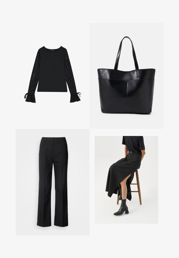 Sort top med solid krop og gennemsigtige, flagrende ærmer. Har bindebånd ved manchetterne. Lavet af glat stof med en figursyet design.; Scotch & Soda CORE EDIE - Bukser - black; Sort linned maxi-nederdel med en høj slids, båret med en sort t-shirt og sorte ankelstøvler. Minimalistisk design med en afslappet pasform.; Sort læder tote taske med to lange håndtag, en glat tekstur og en struktureret form. Har en forlommem for ekstra opbevaring.