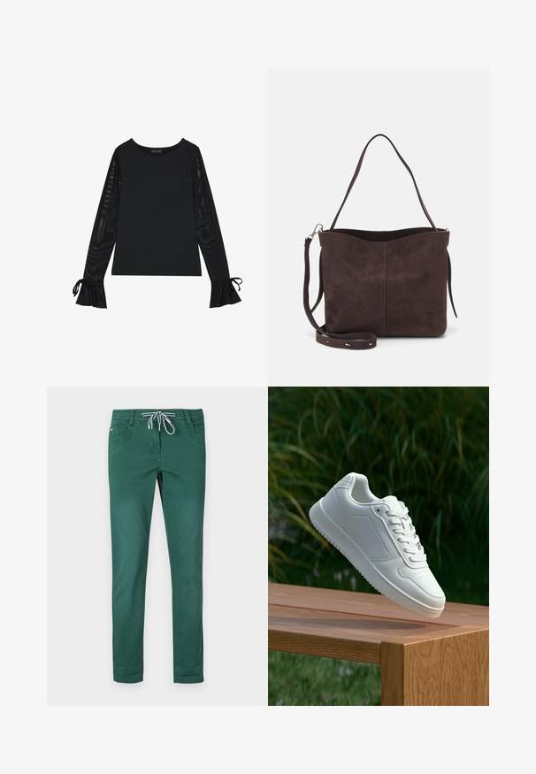 Zwarte top met een solide lichaam en doorschijnende, uitlopende mouwen. Heeft strikaccenten bij de manchetten. Gemaakt van een gladde stof met een getailleerd ontwerp.; Groene katoenen blend broek met een rechte pijp, een trekkoord in de taille en twee voorkeizel pockets. Glad textuur en geen patronen.; Witte sneaker met een gladde synthetische bovenkant, geperforeerde neus, platte veters en een gestructureerde zool, tentoongesteld op een houten oppervlak.; Bruine suède schoudertas met een zachte textuur, voorzien van een enkele schouderband en een subtiele, gebogen bovenopening. Geen zichtbare hardwaredetails.