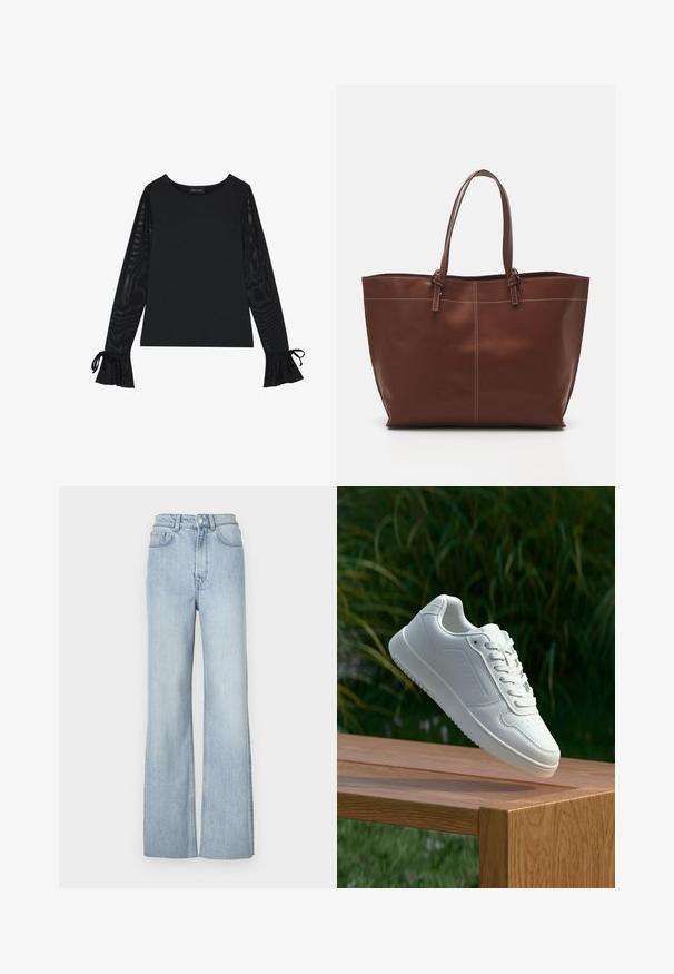 Melns tops ar vienkāršu korpusu un caurspīdīgām plandošām piedurknēm. Piedurknēm ir sasienamas detaļas. Izgatavots no gludas auduma ar pieguļošu dizainu.; Gaiši zili denim flared džinsi ar augstu jostasvietu, ar priekšējām kabatām un smalku izšuvuma detaļu gar kājām.; Baltie sporta apavi ar gludu sintētisku augšpusi, perforētu pirkstu daļu, plakani šņorēm un rakstainu zoli, novietoti uz koka virsmas.; Brūns ādas somas ar divām rokturām, iekļauj kontrastējošas šuves un plašu dizainu, piemērota ikdienas lietošanai.