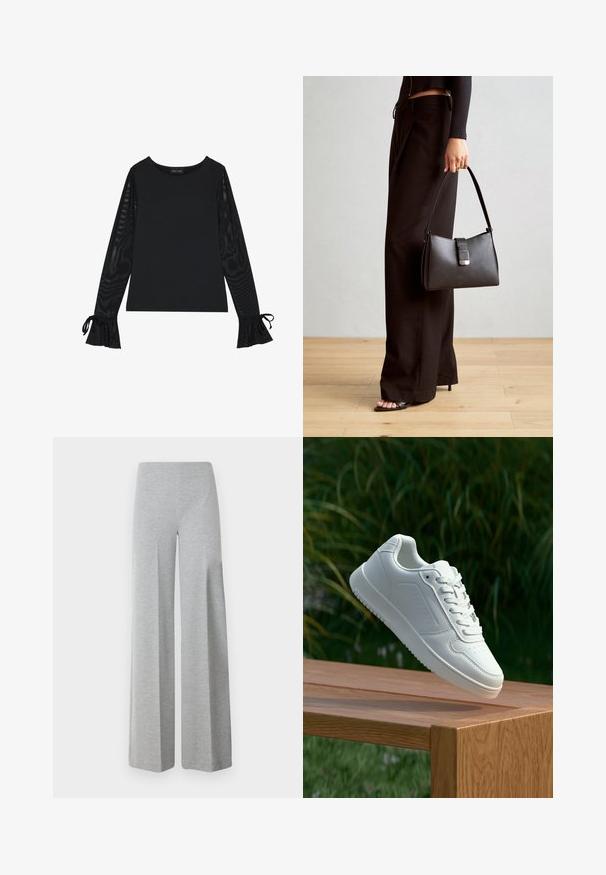 Melns tops ar vienkāršu korpusu un caurspīdīgām plandošām piedurknēm. Piedurknēm ir sasienamas detaļas. Izgatavots no gludas auduma ar pieguļošu dizainu.; Pelēkas plašas bikses, izgatavotas no mīksta, elastīga auduma. Iezīmējas ar augsto jostasvietu un gludu, minimālu dizainu bez papildu detaļām.; Baltie sporta apavi ar gludu sintētisku augšpusi, perforētu pirkstu daļu, plakani šņorēm un rakstainu zoli, novietoti uz koka virsmas.; Melnā somiņa ar strukturētu formu, gludu tekstūru un metālu sprādzi. Saskaņota ar platām melnām biksēm un sandālēm ar atvērtu purngalu uz koka grīdas.