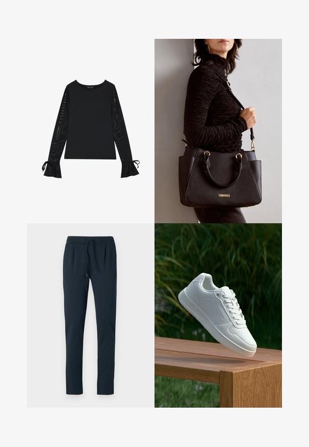 Top preto com corpo sólido e mangas amplas e transparentes. Apresenta detalhes em laço nos punhos. Feito de um tecido suave com um design ajustado.; Joggers de algodão azul-escuro com cintura ajustável, pernas ajustadas e pregas na frente. Textura suave e design minimalista.; Sapatilha branca com um cabedal sintético liso, caixa dos dedos perfurada, atacadores planos e uma sola texturizada, exposta sobre uma superfície de madeira.; Bolsa preta com superfície texturizada, alças superiores duplas e alça de ombro ajustável. Apresenta ferragens em tom dourado e bolsos laterais.