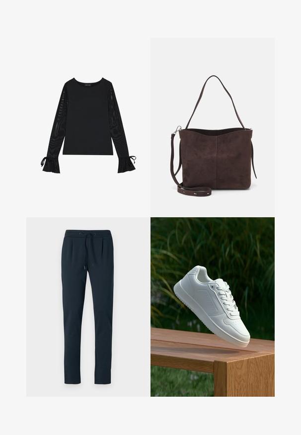 Top preto com corpo sólido e mangas amplas e transparentes. Apresenta detalhes em laço nos punhos. Feito de um tecido suave com um design ajustado.; Joggers de algodão azul-escuro com cintura ajustável, pernas ajustadas e pregas na frente. Textura suave e design minimalista.; Sapatilha branca com um cabedal sintético liso, caixa dos dedos perfurada, atacadores planos e uma sola texturizada, exposta sobre uma superfície de madeira.; Saco tote em camurça castanha com uma textura suave, apresentando uma única alça de ombro e uma abertura superior levemente curvada. Sem detalhes de hardware visíveis.