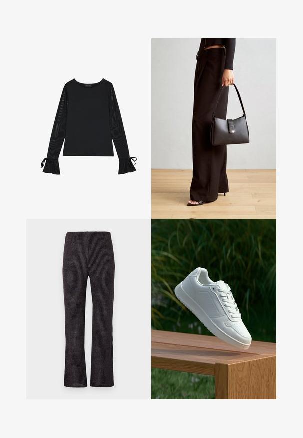 Black top with solid body and sheer, flared sleeves. Features tie accents at the cuffs. Made from smooth fabric with a fitted design.; Black ribbed pants with an elastic waistband, featuring a straight leg cut and subtle iridescent flecks throughout the textured fabric.; White sneaker with a smooth synthetic upper, perforated toe box, flat laces, and a textured sole, displayed on a wooden surface.; Black handbag with structured shape, smooth texture, and a metallic clasp. Paired with wide black pants and open-toe sandals on wooden floor.