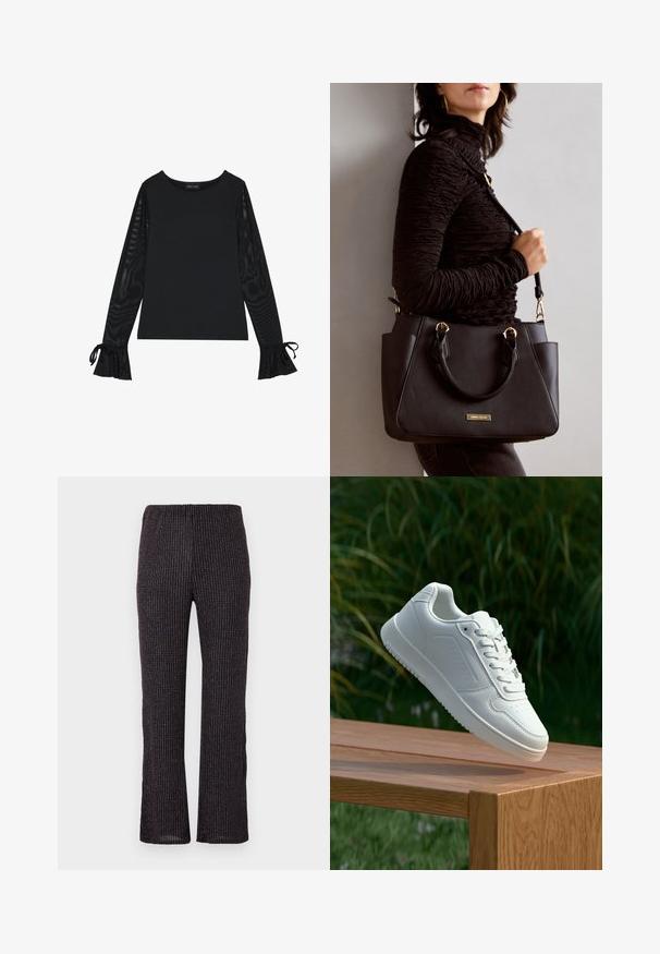 Svart topp med solid kropp og gjennomsiktige, flarede ermer. Har knyteakenter ved mansjettene. Laget av glatt stoff med en tettsittende design.; Sorte ribbede bukser med elastisk liv, med rett benklipp og subtile iriserende flekker gjennom det teksturerte stoffet.; Hvite sneakers med en glatt syntetisk overdel, perforert tåboks, flate snørebånd og en teksturert såle, vist på en treflate.; Svart håndveske med teksturert overflate, doble topphåndtak og justerbar skulderrem. Har detaljer i gulltone og sidelommer.