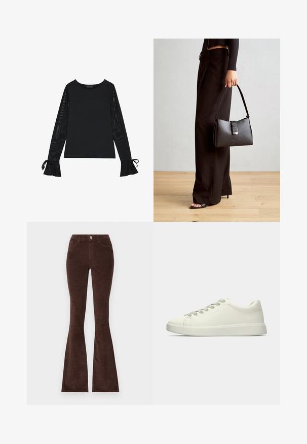 Melns tops ar vienkāršu korpusu un caurspīdīgām plandošām piedurknēm. Piedurknēm ir sasienamas detaļas. Izgatavots no gludas auduma ar pieguļošu dizainu.; Brūnas korduroja platām diklošu bikses ar pogu aizdari, divām priekšējām kabatām un strukturētu audumu. Iezīmēta ar pielāgotu vidukli un platu apakšu.; Baltas zema profila ādas sneakers ar auklām un plakanu gumijas zoli, redzams no sāna uz neitrālas fona.; Melnā somiņa ar strukturētu formu, gludu tekstūru un metālu sprādzi. Saskaņota ar platām melnām biksēm un sandālēm ar atvērtu purngalu uz koka grīdas.; Sudraba riņķveida auskari ar gludu, spīdīgu apdari. Apaļas formas, viegla dizaina, ar aizdari uz stieples.