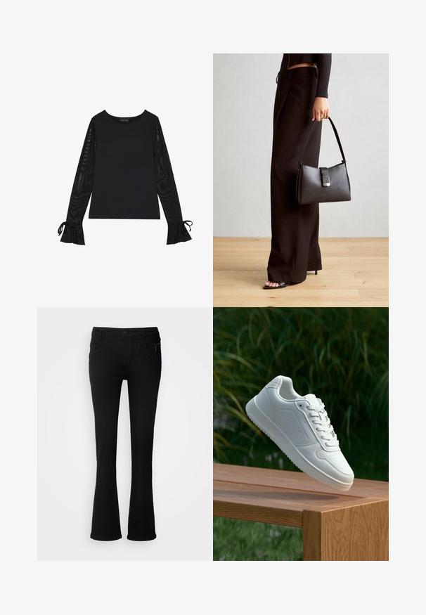 Crna majica s čvrstim tijelom i prozirnim, širijim rukavima. Ima vezanje na manžetama. Izrađena je od glatkog materijala s krojem koji naglašava tijelo.; Crne uske traperice s raskošnim dnom, izrađene od denima, sa kopčanjem na dugme, dva prednja džepa i zip detaljem na desnom džepu.; Bijela tenisica sa glatkim sintetičkim gornjim dijelom, perforiranim prednjim dijelom, ravnim vezicama i teksturiranom potplatom, prikazana na drvenoj površini.; Crna torba s oblikom koji sadrži strukturu, glađu teksturu i metalnu kopču. Uparena s širokim crnim hlačama i sandalama na otvorenom s drvenog poda.