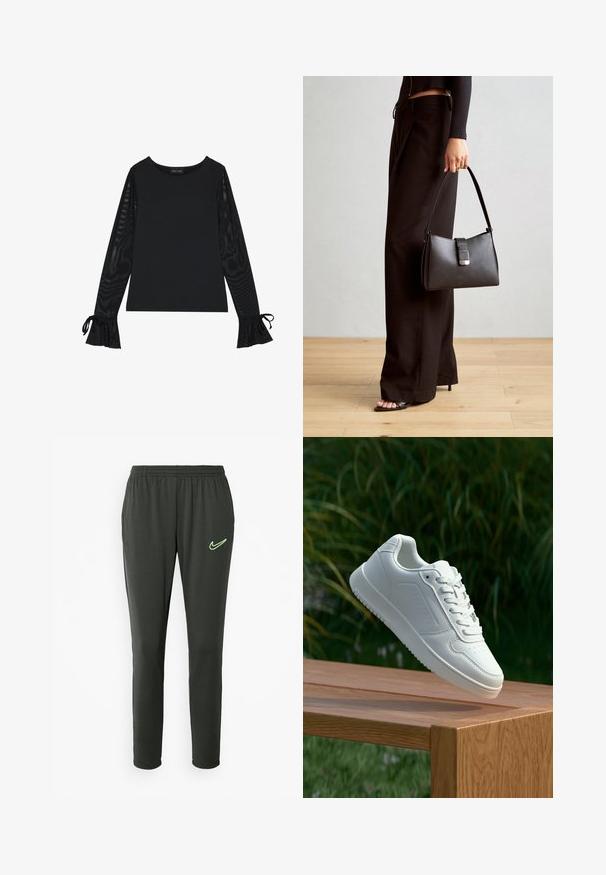 Fekete felső, szolid testtel és áttetsző, harangujjakkal. Kötős részletekkel a mandzsettákon. Simára kidolgozott anyagból, testhezálló kialakítással készült.; Sötét szürke Nike sportnadrág, rugalmas derekú, szűkített szárakkal, bal béren neon zöld logóval kiemelve.; Fehér sportcipő sima szintetikus felsőrésszel, perforált lábujjrész, lapos fűzőkkel és texturált talppal, fából készült felületen kihelyezve.; Fekete kézi táska strukturált formával, sima textúrával és fémből készült záródással. Széles fekete nadrággal és nyitott orrú szandállal párosítva, fából készült padlón.