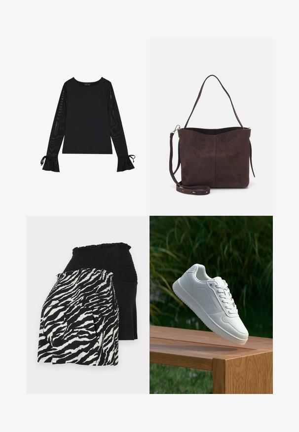Top negro con cuerpo sólido y mangas amplias y transparentes. Presenta detalles con lazo en los puños. Fabricado con un tejido suave y diseño ajustado.; Pantalones cortos en blanco y negro con capas, que presentan una cinturilla fruncida, un lado con patrón de cebra y el otro en tela negra sólida.; Zapatilla blanca con un upper sintético suave, caja de dedos perforada, cordones planos y una suela texturizada, exhibida sobre una superficie de madera.; Bolso tote de ante marrón con una textura suave, que presenta una sola correa para el hombro y una sutil apertura curva en la parte superior. Sin detalles de herrajes visibles.