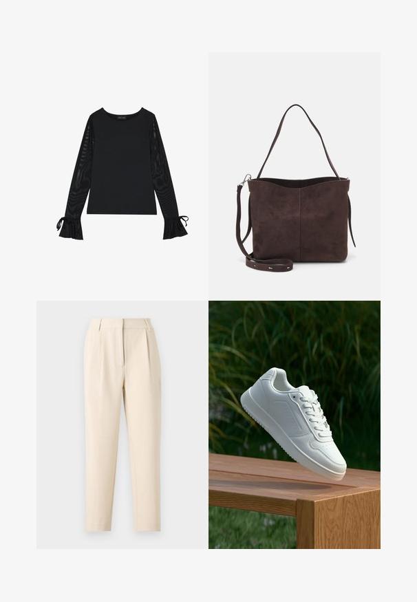 Crna majica s čvrstim tijelom i prozirnim, širijim rukavima. Ima vezanje na manžetama. Izrađena je od glatkog materijala s krojem koji naglašava tijelo.; Bež hlače s ravnim krojem, s nabranim dijelom sprijeda i glatkim završetkom. Tkanina izgleda lagano i teksturirano.; Bijela tenisica sa glatkim sintetičkim gornjim dijelom, perforiranim prednjim dijelom, ravnim vezicama i teksturiranom potplatom, prikazana na drvenoj površini.; Smeđa suđena torba s mekanom teksturom, s jednim remenom za rame i suptilno zakrivljenim gornjim otvorom. Nema vidljivih dijelova od hardvera.