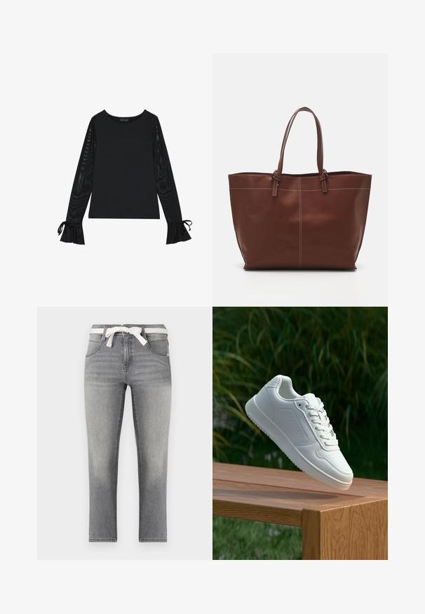 Top negro con cuerpo sólido y mangas amplias y transparentes. Presenta detalles con lazo en los puños. Fabricado con un tejido suave y diseño ajustado.; Jeans de denim gris con corte recto, que cuentan con un cinturón de corbata a rayas, bolsillos delanteros y un sutil desvanecimiento en la tela.; Zapatilla blanca con un upper sintético suave, caja de dedos perforada, cordones planos y una suela texturizada, exhibida sobre una superficie de madera.; Bolso tote de cuero marrón con asas dobles, cuenta con costuras en contraste y un diseño espacioso, adecuado para el uso diario.