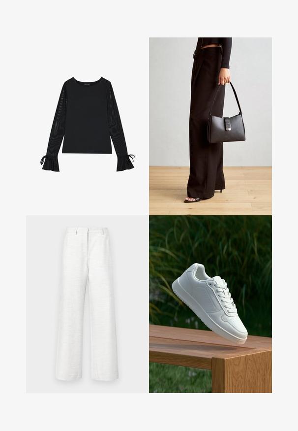 Black top with solid body and sheer, flared sleeves. Features tie accents at the cuffs. Made from smooth fabric with a fitted design.; Wide-leg trousers in lightweight white linen with a subtle textured finish, featuring a front crease and standard waistband.; White sneaker with a smooth synthetic upper, perforated toe box, flat laces, and a textured sole, displayed on a wooden surface.; Black handbag with structured shape, smooth texture, and a metallic clasp. Paired with wide black pants and open-toe sandals on wooden floor.