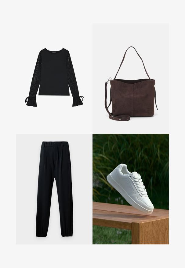 Svart topp med solid kropp och genomskinliga, utställda ärmar. Har snördetaljer vid ärmsluten. Tillverkad av ett mjukt tyg med figurnära design.; Svarta byxor med elastisk midja, knappstängning, rak design och rynkade manschetter. Tillverkade av ett mjukt, lätt tyg.; Vita sneakers med en slät syntetisk ovandel, perforerat tåparti, platta snören och en strukturerad sula, placerade på en träyta.; Brun mockakläd väska med en mjuk textur, med en ensam axelrem och en subtilt rundad öppning upptill. Inga synliga detaljer i metall.