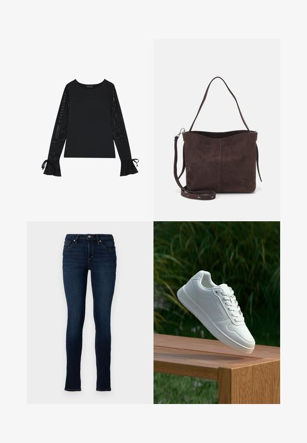 Crna majica s čvrstim tijelom i prozirnim, širijim rukavima. Ima vezanje na manžetama. Izrađena je od glatkog materijala s krojem koji naglašava tijelo.; TOM TAILOR DENIM TTJONA Skinny - Uske traperice - used dark stone blue denim; Bijela tenisica sa glatkim sintetičkim gornjim dijelom, perforiranim prednjim dijelom, ravnim vezicama i teksturiranom potplatom, prikazana na drvenoj površini.; Smeđa suđena torba s mekanom teksturom, s jednim remenom za rame i suptilno zakrivljenim gornjim otvorom. Nema vidljivih dijelova od hardvera.