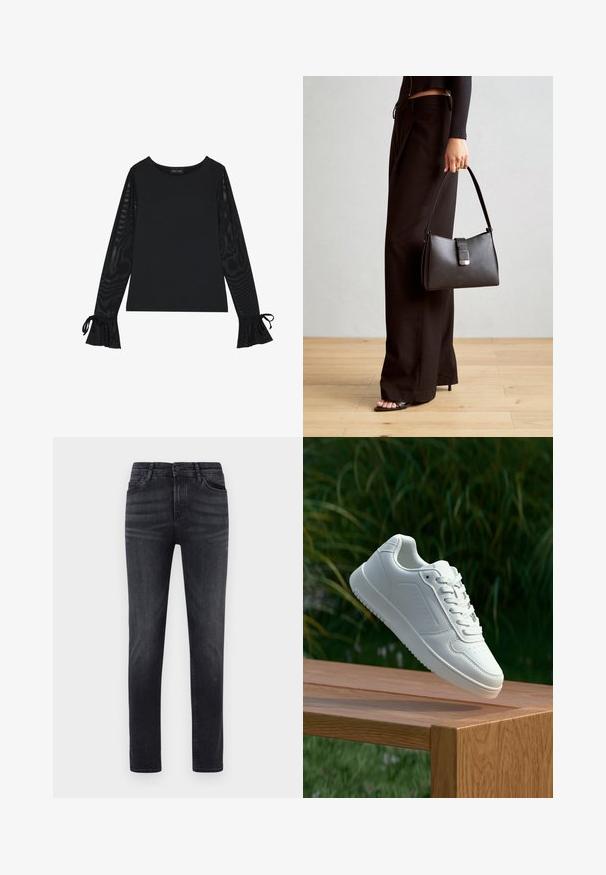 Top negru cu un corp solid și mâneci evazate, din material transparent. Prezintă accente cu șiret la manșete. Fabricat dintr-un material neted cu un design ajustat.; Blugi din denim negru cu croială dreaptă. Au cinci buzunare, închidere cu nasture și curea. Țesătura are o textură netedă și o ușoară extensie.; Sneaker alb cu un upper sintetic neted, cu vârf perforat, șireturi plate și o talpă texturată, expus pe o suprafață de lemn.; Genți negre cu o formă structurată, textură netedă și un închizător metalic. Asortată cu pantaloni negri largi și sandale cu vârf deschis pe un podea din lemn.