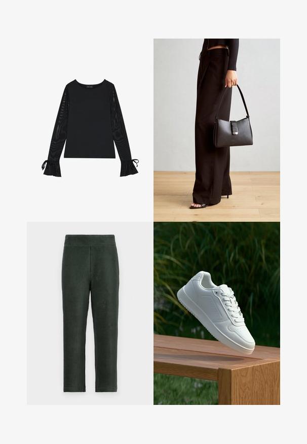 Čierny top s pevným telom a priesvitnými, rozšírenými rukávmi. Obsahuje viazacie akcenty na manžetách. Vyrobený z hladkej tkaniny s priliehavým strihom.; Tmavo zelené kordové nohavice s priliehavým pásom, rovnými nohami a vertikálnou ribovanou textúrou. Jednoduchý dizajn bez viditeľného kovania alebo doplnkov.; Biele tenisky s hladkým syntetickým zvrškom, perforovanou špičkou, plochými šnúrkami a textúrovanou podrážkou, vystavené na drevenej ploche.; Čierna kabelka so štruktúrovaným tvarom, hladkou textúrou a kovovou sponou. V kombinácii so širokými čiernymi nohavicami a sandálmi s otvorenou špičkou na drevenej podlahe.