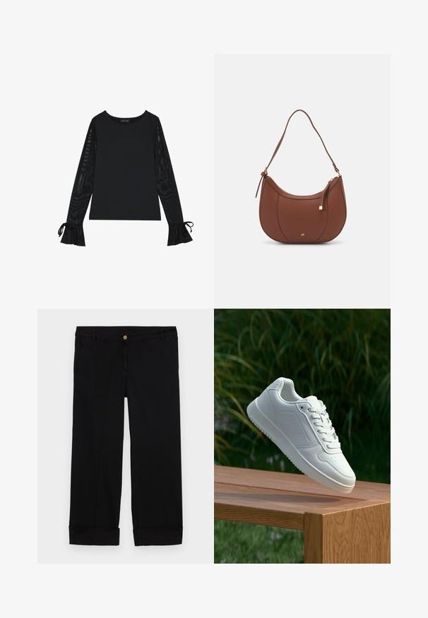 Zwarte top met een solide lichaam en doorschijnende, uitlopende mouwen. Heeft strikaccenten bij de manchetten. Gemaakt van een gladde stof met een getailleerd ontwerp.; Zwarte katoen broek met een rechte pijp, voorzien van voorzakken, een gouden knoopsluiting en omgeslagen manchetten. Gladde textuur.; Witte sneaker met een gladde synthetische bovenkant, geperforeerde neus, platte veters en een gestructureerde zool, tentoongesteld op een houten oppervlak.; Bruine faux leren schoudertas met een gebogen vorm, minimale stiksels en een gouden hardware-accent. Voorzien van een bovenste ritsluiting en een verstelbare schouderband.