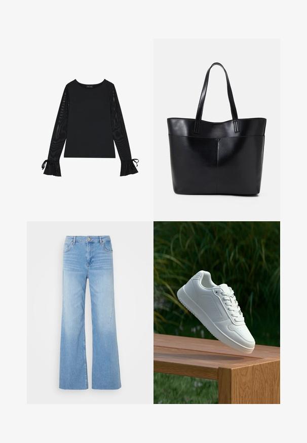 Mustapaita, jossa on kiinteä vartalo ja läpinäkyvät, leveät hihat. Täydentää nauhakoristeet hihojen suissa. Valmistettu sileästä kankaasta ja muotoonommellusta designista.; Vaaleansiniset avara lahkeiset farkut denimmateriaalista, joissa on edessä nappisulku, viisi taskua ja hienovarainen haalistuminen lisätekstuurin luomiseksi.; Valkoiset tennarit, joissa on sileä synteettinen päällinen, rei'itetty varvasosa, litteät nauhat ja teksturoitu pohja, esillä puupinnalla.; Musta nahkainen kassi, jossa on kaksi pitkää kahvaa, sileä pinta ja jämäkkä muoto. Sisältää etutaskun lisävarastointia varten.