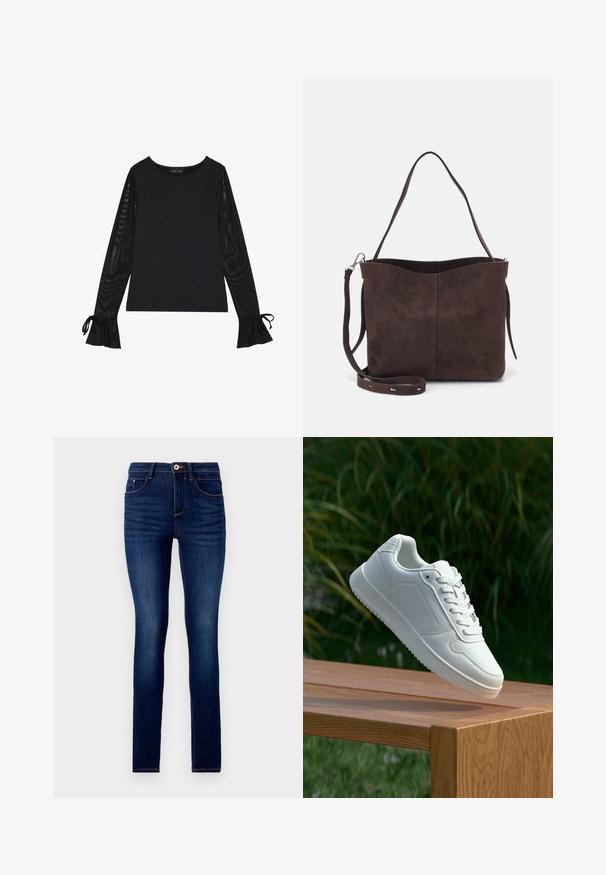 Juodas marškinėlis su tvirtu kūnu ir permatomomis, plačiomis rankovėmis. Yra kaklo juostos akcentai ant rankogalių. Pagamintas iš lygaus audinio su pritaikytu dizainu.; Lieknos džinsinės kelnės tamsiai mėlynos spalvos, su tradiciniu penkių kišenių dizainu, kontrastinga oranžine siūle ir mygtuko uždarymu juosmens srityje.; Balti sneakeriai su lygia sintetine viršutine dalimi, perforuota pirštų zona, plokščiomis raištelėmis ir tekstūruotu padu, padėti ant medinės paviršiaus.; Ruda suede audinė su minkšta tekstūra, turinti vieną petį ir subtilų kreivinį viršutinį atidarymą. Matomų metalinių detalių nėra.