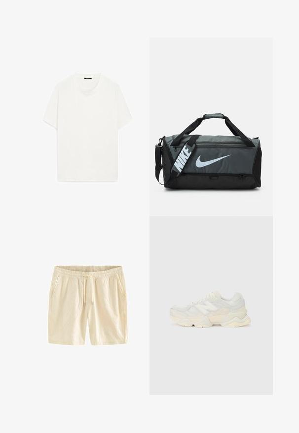 Hvid kortærmet t-shirt, rund halsudskæring, blød tekstur, lige snit, minimalistisk design, ingen synlige mønstre eller accenter.; Lyse beige shorts med elastisk talje, snorlukning og subtile bladmønstre præget i stoffet. Inkluderer sidelommer.; Letvægtssneakers med en overdel i mesh og ruskind i bløde cremetoner, med en kraftig sål og tredimensionelle accenter.; Nike træningstaske med et mørkegråt og sort design, der har et stort hvidt logo, to håndtag og en justerbar skulderrem.
