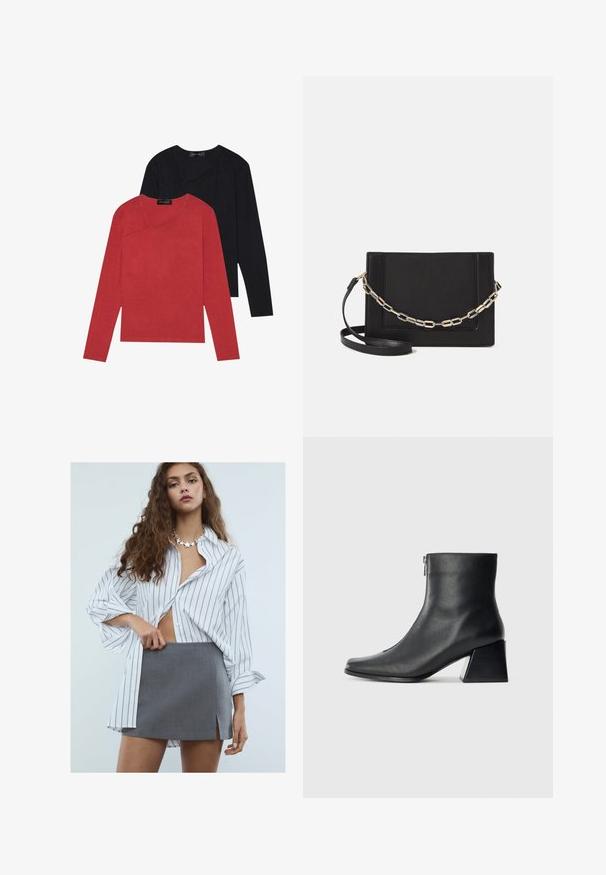 Twee t-shirts met lange mouwen: één in het rood en één in het zwart. Beide hebben een ronde halslijn en een gladde textuur, met opvallende naaddetails.; Jonge vrouw met lang krullend haar, gekleed in een oversized wit gestreept shirt, een grijze minirok met een split aan de voorkant en een stervormige ketting.; Zwarte leren enkellaars met vierkante neus, zijrits en blokhak tegen een effen lichte achtergrond.; Zwarte leren schoudertas met een gladde textuur, rechthoekige vorm en een metallic kettingdetail aan de voorkant. Verstelbare schouderband inbegrepen.
