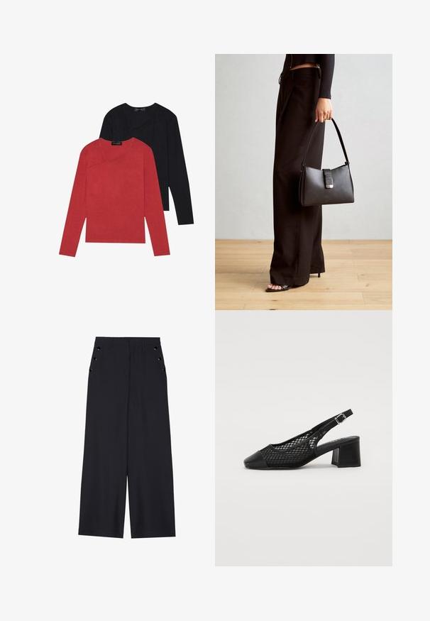 Kaks pikka varrukaga T-särki: üks punane ja üks must. Mõlemal on ümmargune kaelus ja sile tekstuur, millel on märgatavad õmbluselemendid.; Laiad püksid tumesinises kangas, millel on sile tekstuur, ees pleedid ja dekoratiivsed kuldset värvi järgipuuaugud küljetaskutel.; Mustad mustakotid, millel on võrgust ülemine osa, millel on teemantmuster, terav varvas läikiva aktsendiga ja madal plokknööp.; Must musta kott, millel on struktureeritud kuju, sile tekstuur ja metallist klamber. Kombineeritud laiate mustade pükstega ja avatud varvaste sandaalidega puidust põrandal.