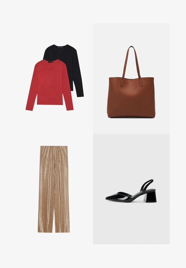Két hosszúujjú póló: az egyik piros, a másik fekete. Mindkettő kerek nyakkivágással és sima textúrával rendelkezik, és szembetűnő varrási részletek találhatók rajtuk.; Világosbarna, pleátolt nadrág fényes anyagból, textúrált cikk-cakk mintával és kényelmes, rugalmas derékkal.; Fekete lakk bőr szandálkés magas sarkú cipő, hegyes orral és geometrikus tömbsarkakkal. Karcsú, minimalista dizájn és sima textúra jellemzi.; Barna bőr vászontáska sima textúrával, nyitott tetejű dizájnnal és két vállpánttal. Minimális varrással és látható hardver nélkül készült.