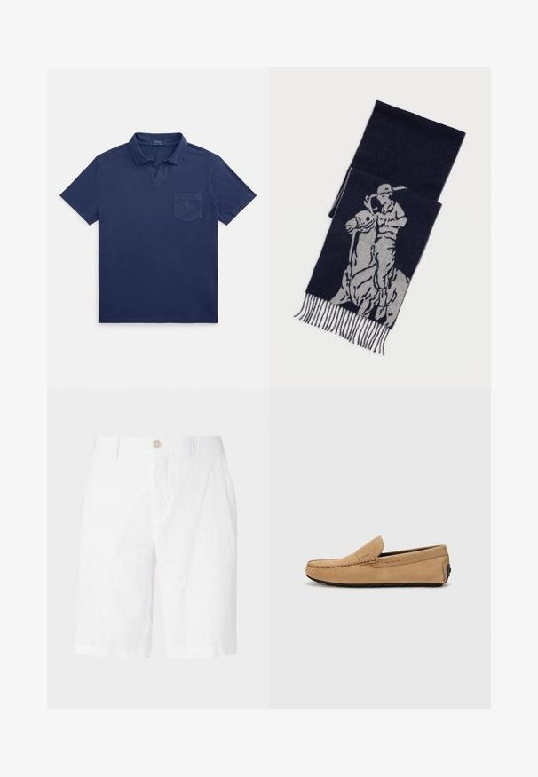 Navy blue polo shirt made of cotton, featuring a folded collar, short sleeves, and a chest pocket with a small logo detail.; White linen shorts with a button closure, featuring a relaxed fit, straight cut, and no visible patterns or accents. Smooth texture.; Beige suede moccasin shoe with a stitched toe, slip-on design, and black rubber sole. Features subtle branding on the side.; Navy blue scarf with gray graphic of a polo player on horseback, featuring fringed edges.