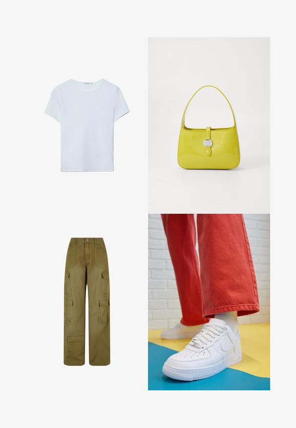jasnoniebieska koszulka z krótkim rękawem wykonana z miękkiej bawełny, z okrągłym dekoltem i dopasowanym krojem o gładkiej, jednolitej fakturze.; Oliwkowe spodnie cargo wykonane z wytrzymałej tkaniny; mają szerokie nogawki, wiele bocznych kieszeni oraz zapięcie na guzik z przodu.; Białe skórzane sneakersy z perforowanym czubkiem, teksturowaną podeszwą i białymi sznurowadłami, w połączeniu z szerokimi czerwonymi spodniami na niebiesko-żółtym tle.; Żółta torebka z lakierowanej skóry o strukturalnym kształcie, z rękojeścią u góry i zapięciem na zatrzask z okrągłym metalowym akcentem w postaci logo.