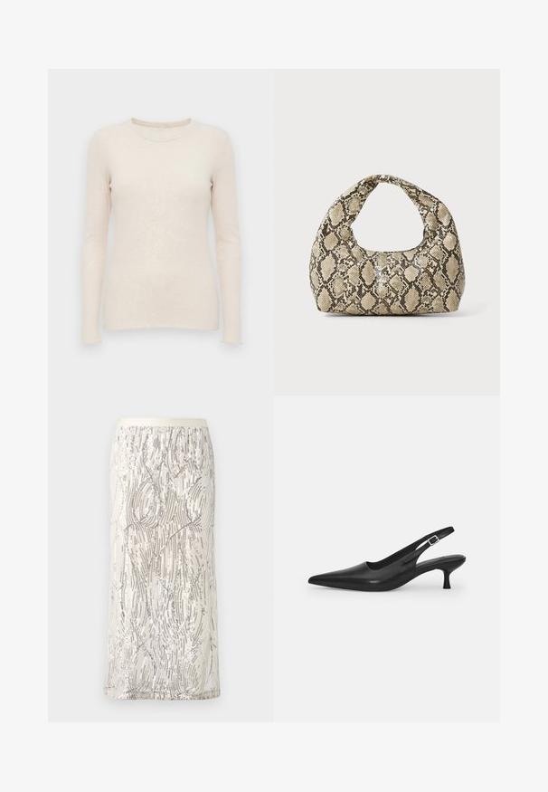 Gai бēšs garām piedurknēm džemperis ar ribotu tekstūru, apaļu kakla izgriezumu un pieguļošu dizainu. Mīksta auduma un bezšuvju piedurknes.; Sudraba un ziloņkaula ceļgalu garuma svārki ar viļņainu rakstu, rotāti ar spīdumiem un smalku diegu detaļām uz mīksta auduma.; Melnas ādas slīdošās kurpes ar norādītu pirkstu un šauru, izliekta papēdi. Ar diskrētu regulējamu siksniņu ar metāla sprādzi.; Čūsku raksta soma ar izliekto rokturi. Izgatavota no teksturētiem, bēšiem un brūniem materiāliem, ar izteiksmīgu dimanta rakstu.