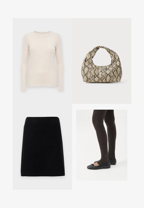 Világos bézs színű, hosszú ujjú pulóver bordázott textúrával, kerek nyakkivágással és testhez simuló fazonnal. Puha anyag és varrás nélküli mandzsetta.; Fekete mini szoknya puha anyagból, egyenes szabással és varrás nélküli derékkal, látható záródások vagy minták nélkül.; Fekete lapos cipők kis masni díszítéssel az orrán, sötétbarna bordázott harisnyával párosítva. A cipők sima textúrával és alacsony profilúak.; Kígyómintás kézitáska ívelt fogantyúval. Texturált, bézs és barna anyagból készült, jellegzetes gyémántmintával.