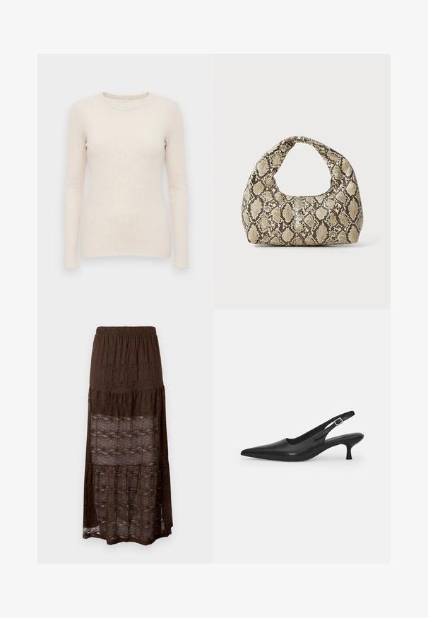 Svetlo bež pulover z dolgimi rokavi, ribasto teksturo, okroglo izreznico in oprijetim dizajnom. Mehka tkanina in brezšivi manšeti.; Rjava čipkasta maksi krilo s plastebnim dizajnom, ki ima smockan pas in valovite vzorce po celotnem materialu. Lahkotno in polprosojno.; Črne usnjene sandale z odprtim peto in konično oblikovanim prstom ter ozkim, ukrivljenim petnim delom. Imajo diskretno nastavljivo zaponko z kovinsko sponko.; Torba z vzorom kače s ukrivljenim ročajem. Narejena iz teksturiranih, bež in rjavih materialov, ki imajo značilen diamante vzorec.