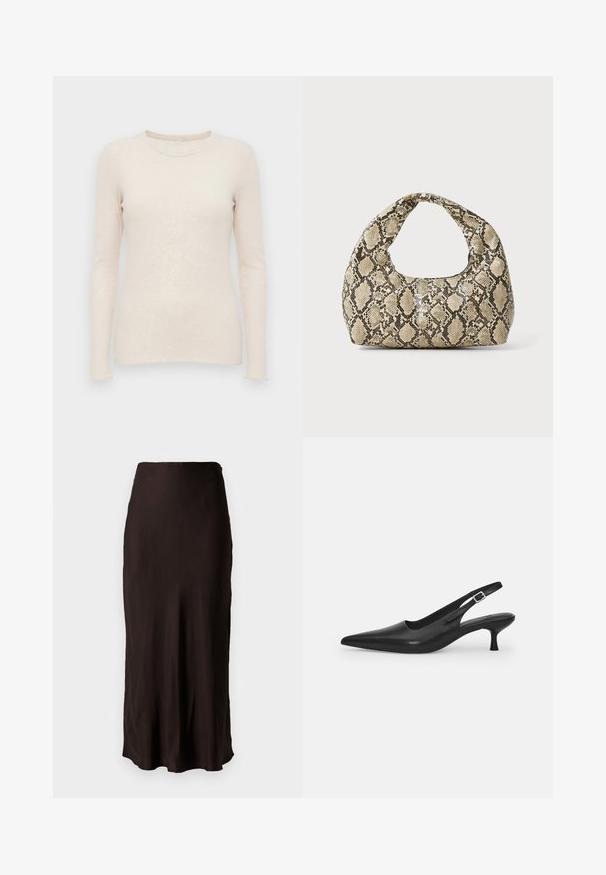 Světle béžový svetr s dlouhým rukávem, ribbovanou texturou, kulatým výstřihem a přiléhavým střihem. Měkká tkanina a bezšvové manžety.; Černá, středně dlouhá sukně vyrobená z hladkého, lehkého materiálu se rovnými liniemi a bočním rozparkem. Má jednoduchý pásek v pase.; Černá kožená nazouvací bota se špičatou špičkou a štíhlým zakřiveným podpatkem. Obsahuje diskrétní nastavitelný pásek s kovovou sponou.; Kabelka s hadím vzorem a zakřiveným držadlem. Vyrobena z texturovaných béžových a hnědých materiálů, s charakteristickým diamantovým vzorem.