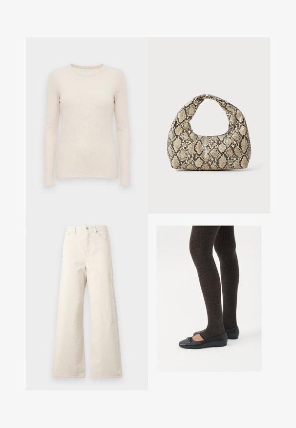 Svetlo béžový sveter s dlhým rukávom a rebrovanou textúrou, okrúhlym výstrihom a priliehavým strihom. Mäkkučká tkanina a bezšvové manžety.; Béžové nohavice s širšími nohavicami vyrobené z bavlny, so zapínaním na prednom tlačidle, bočnými vreckami a hladkou textúrou. Minimalistický dizajn bez vzorov.; Čierne ploché topánky s malou mašľou na špičke, v kombinácii s tmavohnedými rebrovanými pančuchami. Topánky majú hladký povrch a nízky profil.; Kabelka s hadím vzorom a zakriveným rukoväťou. Vyrobená z textúrovaných béžových a hnedých materiálov, s charakteristickým diamantovým vzorom.