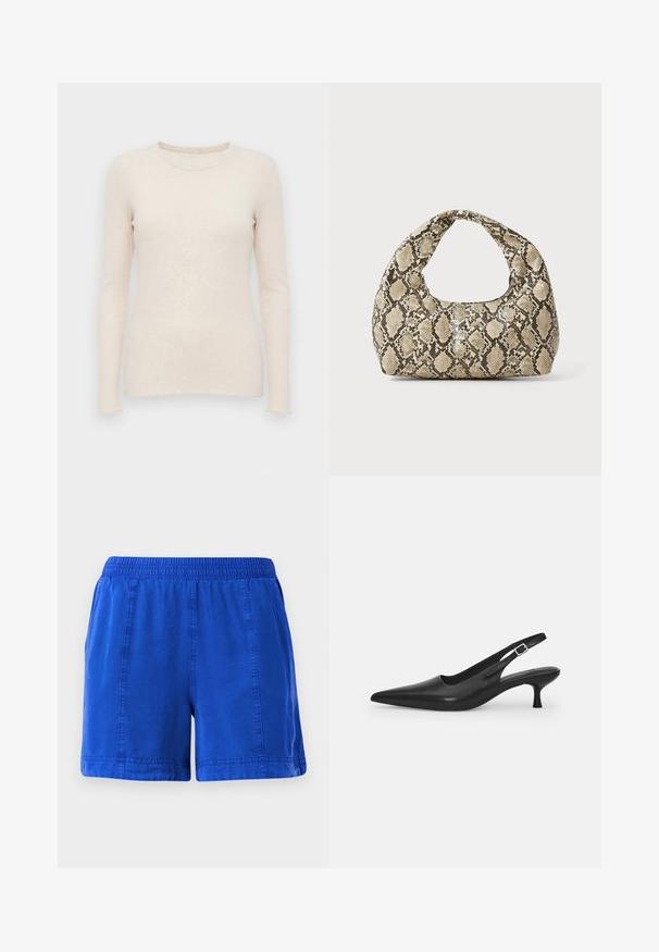 Vaalea beige pitkähihaine neule, joka on ribbikuvioitu, pyöreällä pääntiellä ja kapealla muotolla. Pehmeä kangas ja saumattomat hihansuut.; Siniset puuvillashortsit, joissa on joustava vyötärö, sivutaskut ja ommellut saumat. Ne tarjoavat sileän tekstuurin ja rennon muotoilun.; Mustan nahkainen slingback-kengät, joissa on terävä nenä ja kapea, kaareva korko. Varustettu huomaamattomalla säädettävällä hihnalla, jossa on metallinen solki.; Käärmeennahkakuosiset käsilaukku, jossa on kaareva kahva. Tehty teksturoiduista beigeistä ja ruskeista materiaaleista, joissa on erottuva timanttikuvio.