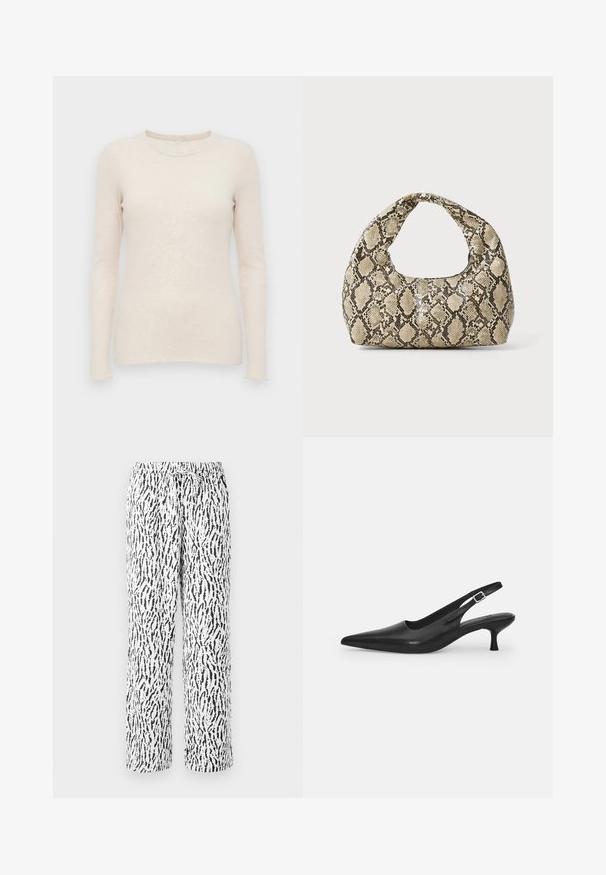 Pull à manches longues beige clair avec une texture côtelée, un col rond et une coupe ajustée. Tissu doux et poignets sans couture.; Pantalons à motifs noir et blanc avec une taille élastique et un cordon de serrage, dotés d'un design ample et droit et d'une texture douce.; Chaussure slingback en cuir noir avec un bout pointu et un talon fin et incurvé. Dispose d'une sangle ajustable discrète avec une boucle en métal.; Sac à main en motif serpent avec une poignée incurvée. Fabriqué à partir de matériaux texturés beiges et bruns, présentant un motif en diamant distinctif.