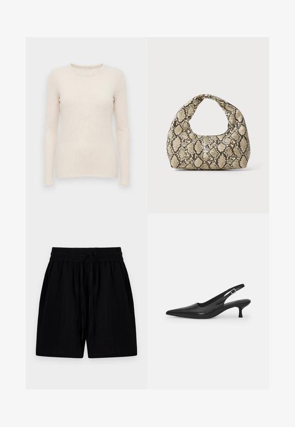 Helles beige Sweatshirt mit langen Ärmeln, gerippter Textur, Rundhalsausschnitt und tailliertem Schnitt. Weicher Stoff und nahtlose Bündchen.; Schwarze Shorts aus leichtem Material mit einem verstellbaren Bund, ausgestattet mit Seitentaschen und einer strukturierten Oberfläche.; Schwarzer Leder-Slingback-Schuh mit spitzer Zehenform und schmalem, geschwungenem Absatz. Verfügt über einen unauffälligen verstellbaren Riemen mit einer Metallschnalle.; Schlangenmuster-Tasche mit einem gebogenen Griff. Hergestellt aus strukturierten, beige- und braunfarbenen Materialien, die ein markantes Diamantmuster aufweisen.