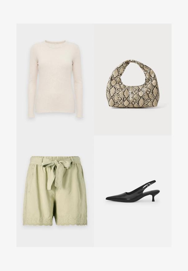 Světle béžový svetr s dlouhým rukávem, ribbovanou texturou, kulatým výstřihem a přiléhavým střihem. Měkká tkanina a bezšvové manžety.; Světle zelené šortky vyrobené z měkké látky, s elastickým páskem, uvázaným opaskem, bočními kapsami a složitou vyšívanou krajkou na lemu.; Černá kožená nazouvací bota se špičatou špičkou a štíhlým zakřiveným podpatkem. Obsahuje diskrétní nastavitelný pásek s kovovou sponou.; Kabelka s hadím vzorem a zakřiveným držadlem. Vyrobena z texturovaných béžových a hnědých materiálů, s charakteristickým diamantovým vzorem.
