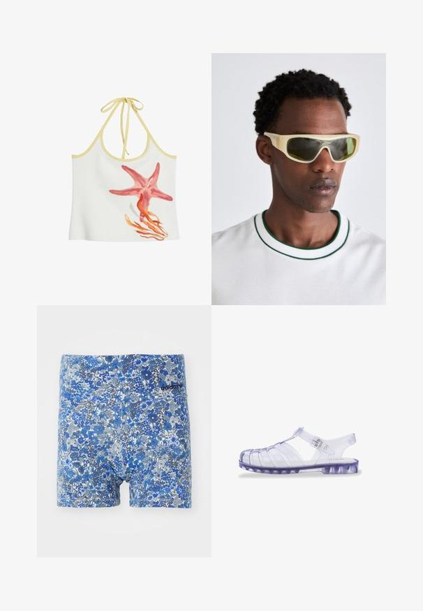 Desigual STARFISH KNOTTED - Felső - beige; Kék virágmintás boxeralsó, árnyalatok keverékével, testhezálló fazonban, fekete Adidas logóval a derékpánton.; Átlátszó lila műanyag szandál, zárt orral, nyitott hátsó részel és állítható pánttal. Jellemzője a vízszintes és függőleges kivágások.; Áttetsző sárga kerettel és zöld árnyalatú lencsékkel rendelkező napszemüveg. Sarokkal ellátott dizájn, széles templomokkal, fehér inggel viselve, amely zöld kiemelésekkel rendelkezik.