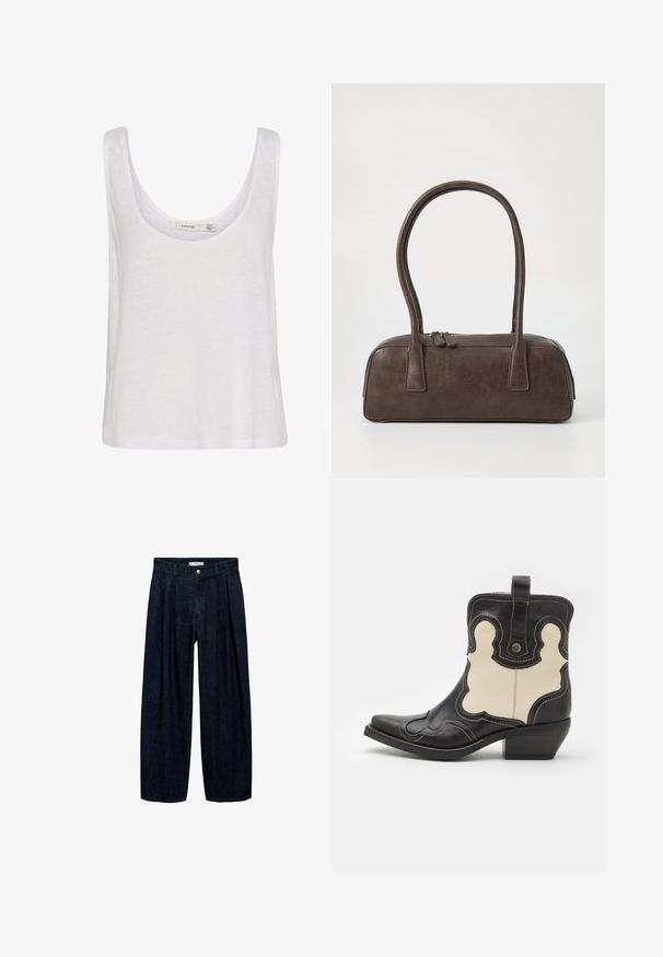Biely bavlnený tielko s širokým okrúhlym výstrihom a voľným strihom. Má jednoduchý dizajn bez vzorov alebo ozdôb.; Tmavé džínsy s širokými nohavicami a pregibmi v páse, s predným gombíkom a pútkami na opasok. Hladká textúra a celodlhý strih.; Čierne a krémové kožené kovbojské topánky s bielym prešívaním, špicatou špičkou, zakrivenými vzormi a krátkym vrstvovým podpätkom. Popruh na zadnej strane.; Hnedá kožená kabelka s dvoma pevným uchami, obdĺžnikovým tvarom, hladkým povrchom a zipsovým uzáverom. Minimalistický dizajn bez viditeľných vzorov.