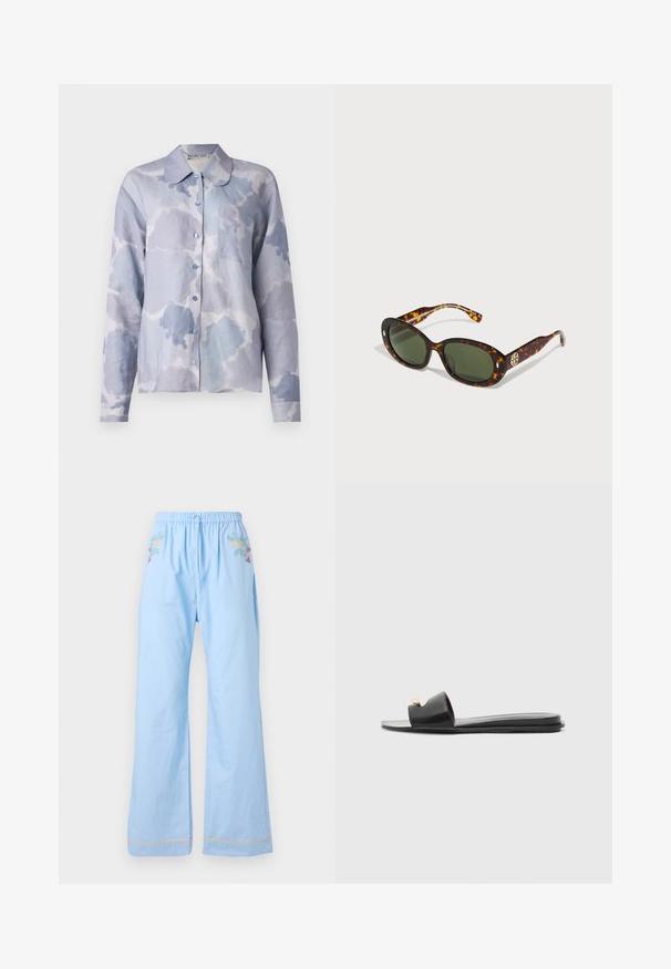 Ljusblå knapp-up skjorta i mjukt tyg, med ett molnliknande mönster, vikbar krage, långa ärmar och en enda bröstficka.; Ljusblå bomullsbyxor med en elastisk midja, med blommig broderi fram och kontrasterande kant upptill. ; Svart slip-in sandaler med en bred ovandel, slät lädertextur, öppen tådesign och guldaccentdetalj på remmen. Platt sula.; Sköldpaddsdramatiserade solglasögon med gröna linser, oval form, med guldfärgade logohardware på sidan och en slät, blank yta.