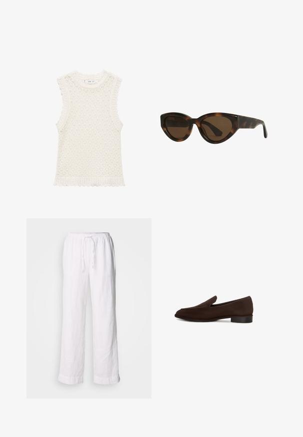 Strickoberteil ohne Ärmel in Elfenbein mit einem strukturierten, offenen Gewebemuster. Die gewellten Kanten an den Armöffnungen und dem unteren Saum verleihen Detail.; Weiße Leinenhosen mit einem lockeren Schnitt, elastischem Bund und Kordelzug. Sie verfügen über gerade Beine und umgeschlagene Säume für einen lässigen Look.; Brauner Slipper mit glatter Oberfläche, elongated Form, niedrigem Blockabsatz und minimalistischen Design. Keine sichtbaren Muster oder Verzierungen.; Schildpatt-farbene Cat-Eye-Sonnenbrille mit braunen Gläsern, ausgestattet mit glatten, glänzenden Kunststoffrahmen und einem eleganten Design. Keine sichtbaren Logos oder Akzente.; Goldener Perlenring mit einem kreisförmigen Design und gleichmäßig verteilten glänzenden runden Perlen, die ein glattes, strukturiertes Aussehen erzeugen.