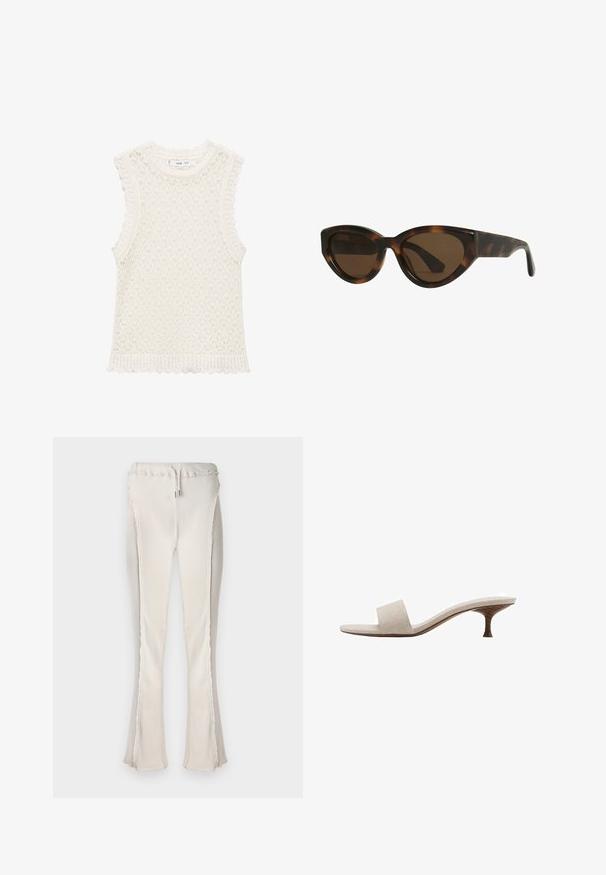 Top senza maniche in maglia color avorio con un design a trama aperta e testurizzata. I bordi scallopati nei fori delle braccia e all'orlo inferiore aggiungono dettagli.; Pantaloni flare beige chiaro con texture a righe, dotati di vita con cordoncino e bordi grezzi lungo le cuciture laterali e l'orlo.; Sandal senza tacco con tomaia in tessuto intrecciato beige, punta aperta e suola intermedia curva in legno. Il design presenta una superficie liscia e una forma minimalista.; Occhiali da sole a forma di cat-eye con montatura tartarugata e lenti marroni, dotati di una struttura in plastica liscia e lucida e un design elegante. Senza loghi o dettagli visibili.
