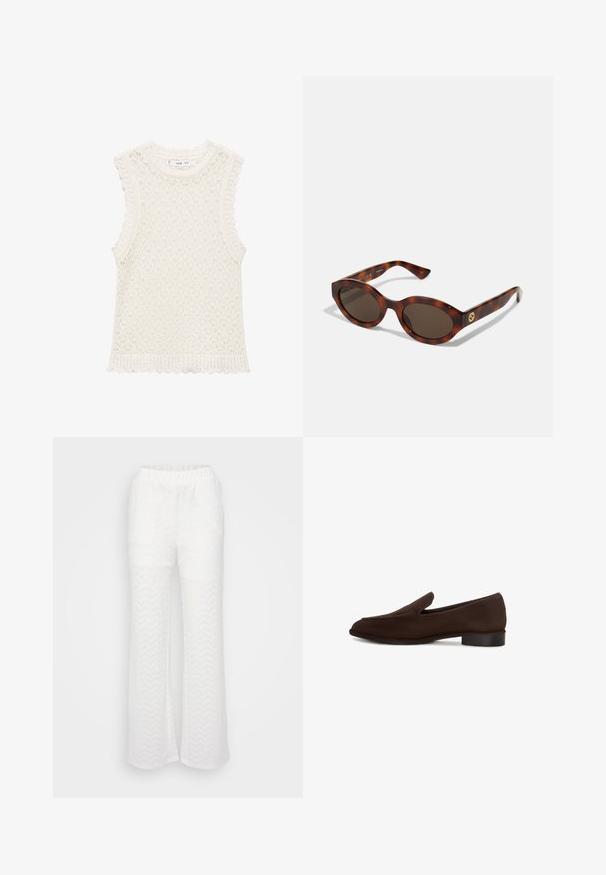 Strickoberteil ohne Ärmel in Elfenbein mit einem strukturierten, offenen Gewebemuster. Die gewellten Kanten an den Armöffnungen und dem unteren Saum verleihen Detail.; Weiße Hosen mit einer ausgestellten Passform, die ein dezentes Chevron-Muster aufweisen, einen elastischen Bund haben und aus leichtem, strukturiertem Material bestehen.; Brauner Slipper mit glatter Oberfläche, elongated Form, niedrigem Blockabsatz und minimalistischen Design. Keine sichtbaren Muster oder Verzierungen.; Schildpatt-Sonnenbrillen mit runden Rahmen, dunklen Gläsern und goldfarbener Logodetailierung an den Schläfen. Glattes Kunststoffmaterial, keine sichtbaren Muster.; Goldener Perlenring mit einem kreisförmigen Design und gleichmäßig verteilten glänzenden runden Perlen, die ein glattes, strukturiertes Aussehen erzeugen.